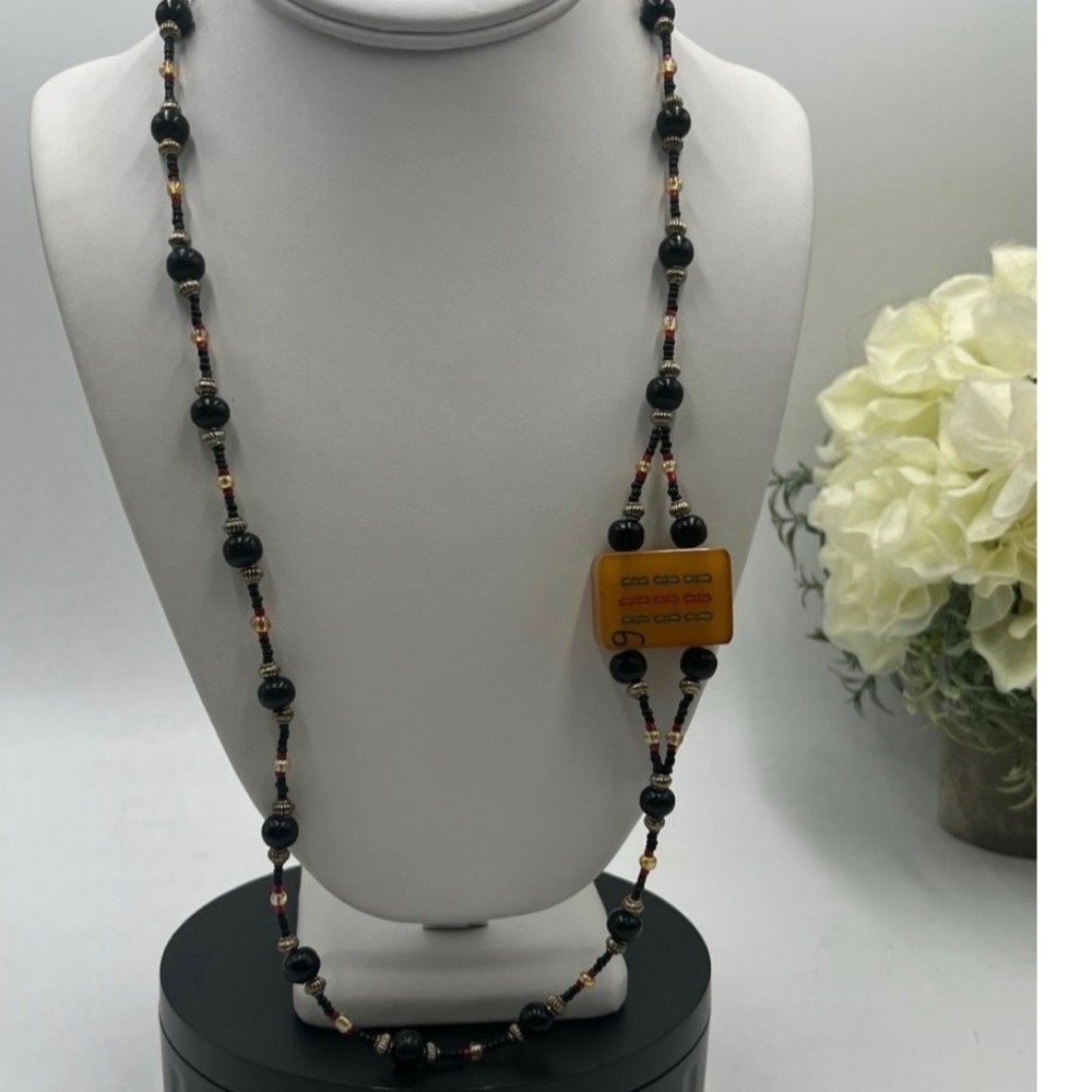 Vintage‎ Bakelite Mahjong Tile Black Beaded Collectible Statement Necklace Rare